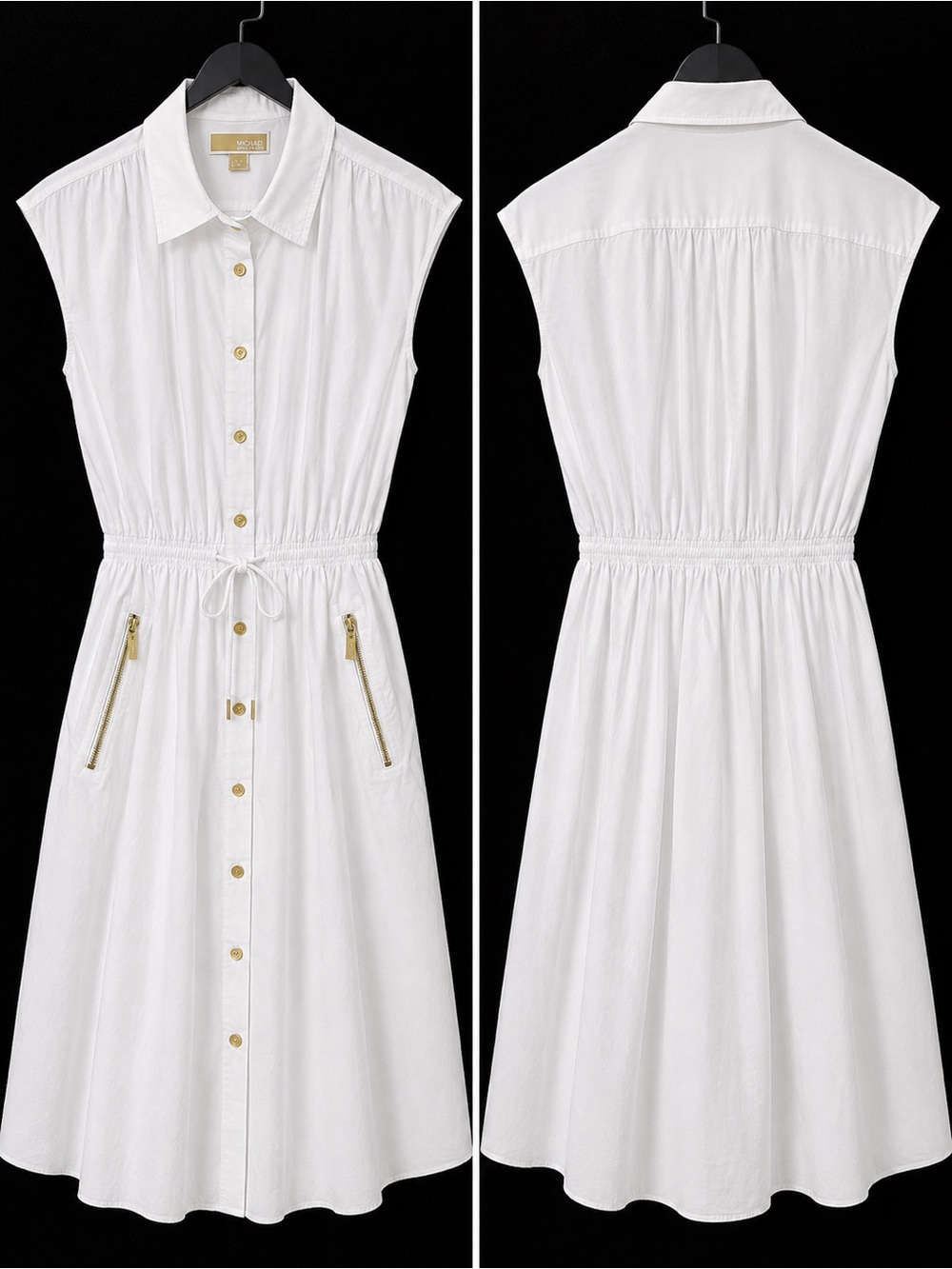Michael Michael Kors White Shirt Dress Gold Zip Pockets Drawstring Waist Size L